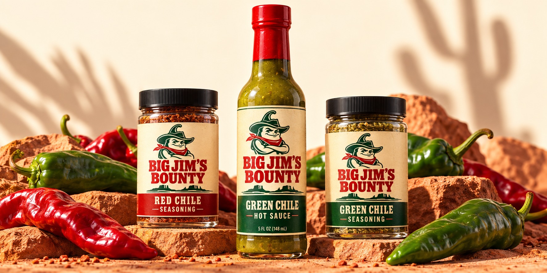 Concept packaging for Big Jim’s Bounty green chile sauce and red and green chile seasonings